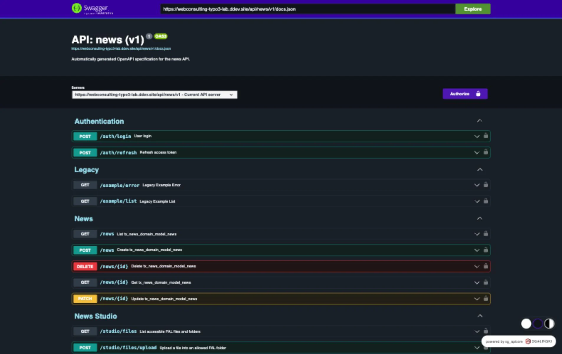 Swagger UI for the news API after capability policy registration
