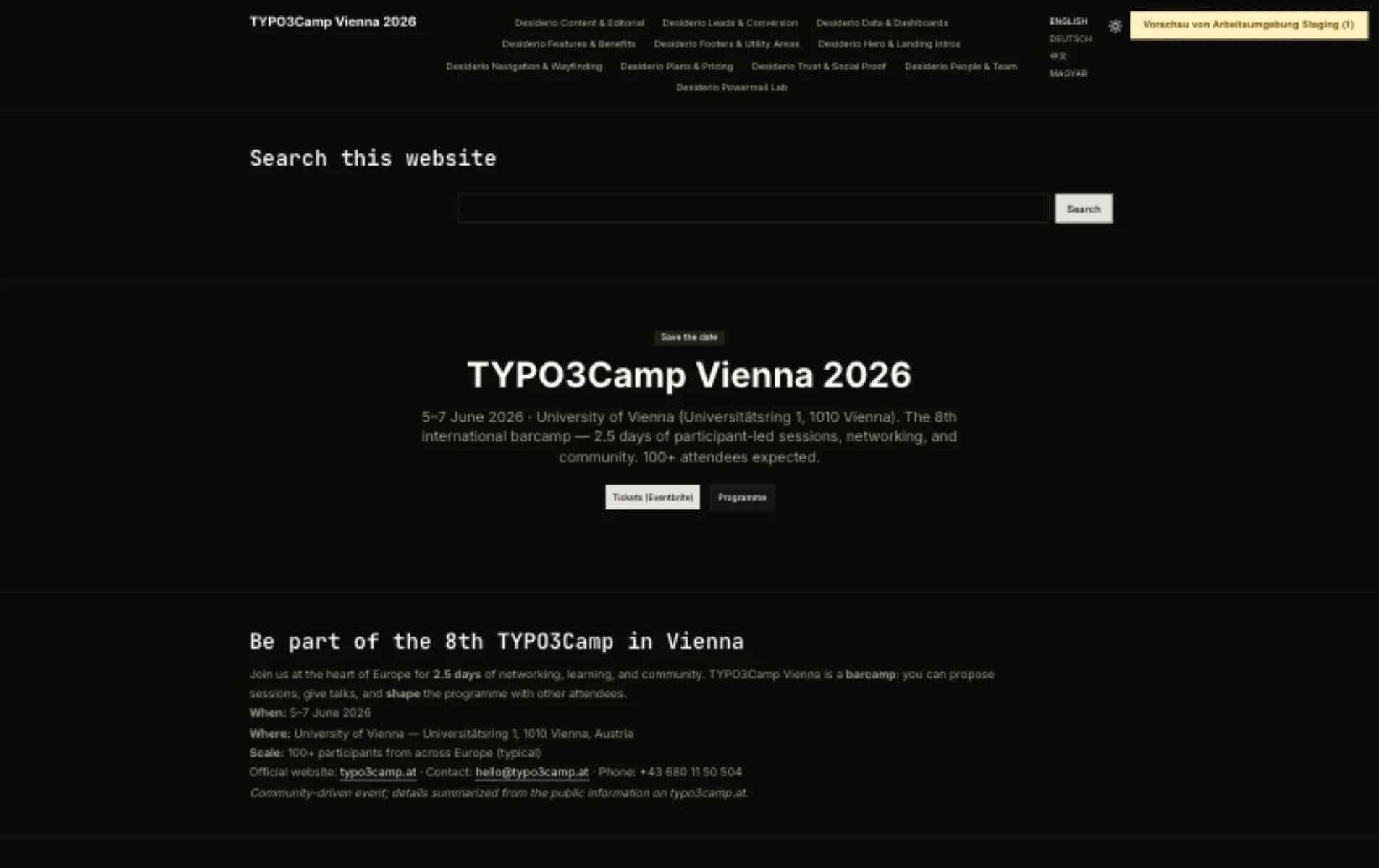 TYPO3Camp Vienna frontend rendered with the Desiderio site set