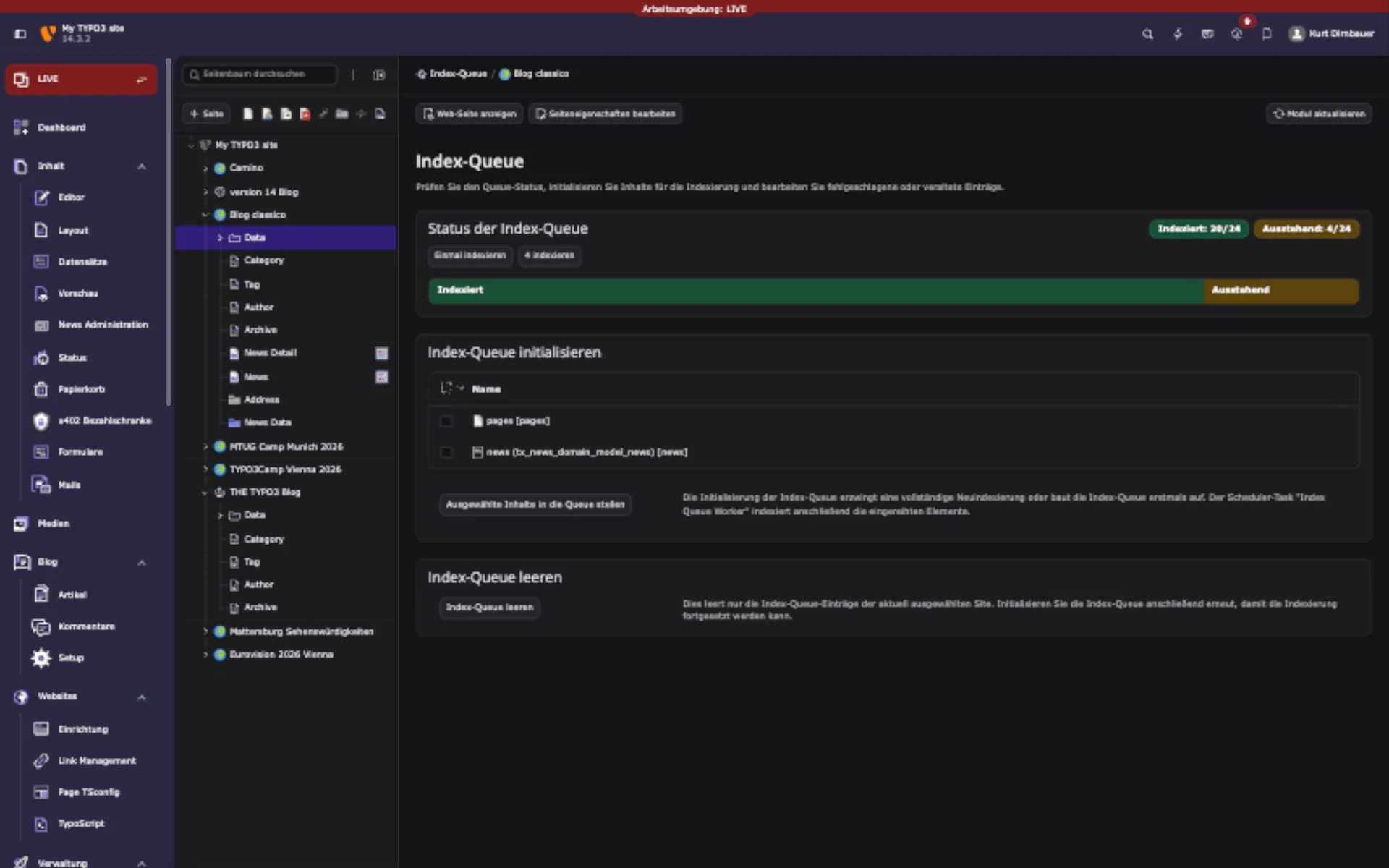 EXT:solr index queue module in the TYPO3 backend