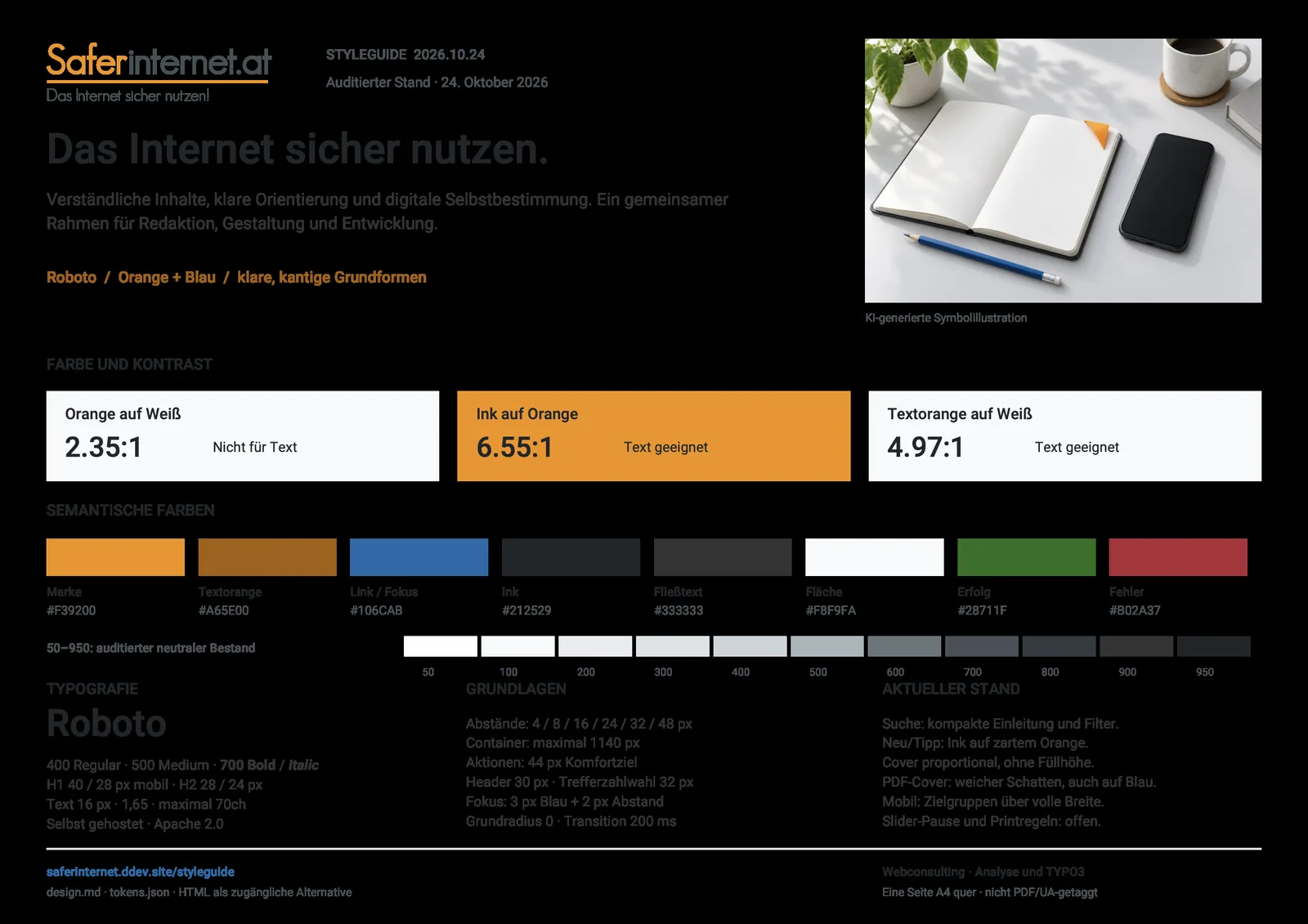 Einseitige PDF-Übersicht des saferinternet.at-Styleguides mit Logo, Farben, Kontrastpaaren, Typografie mit Roboto und Komponenten