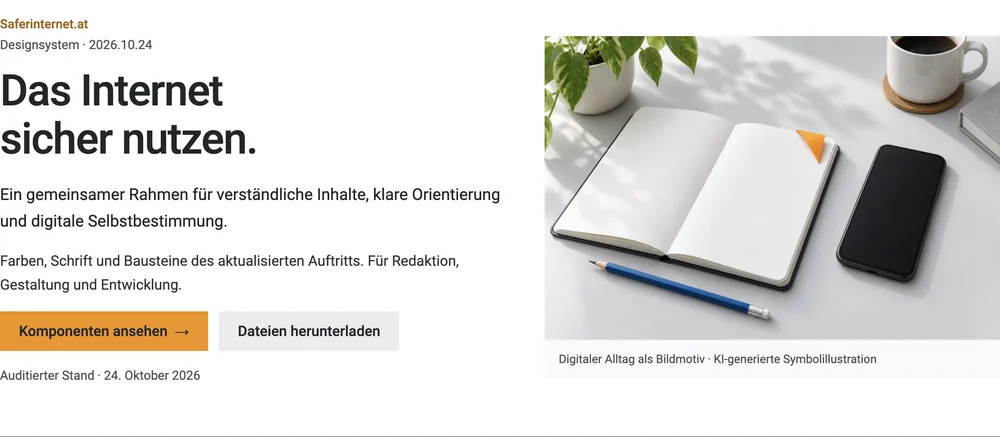 Kopfbereich der Styleguide-Seite von saferinternet.at mit Claim „Das Internet sicher nutzen.“