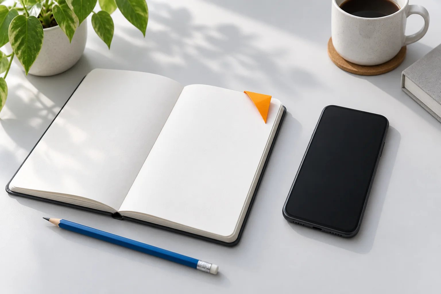 Smartphone, offenes Notizbuch, blauer Stift und orangefarbenes Lesezeichen auf einem hellen Tisch