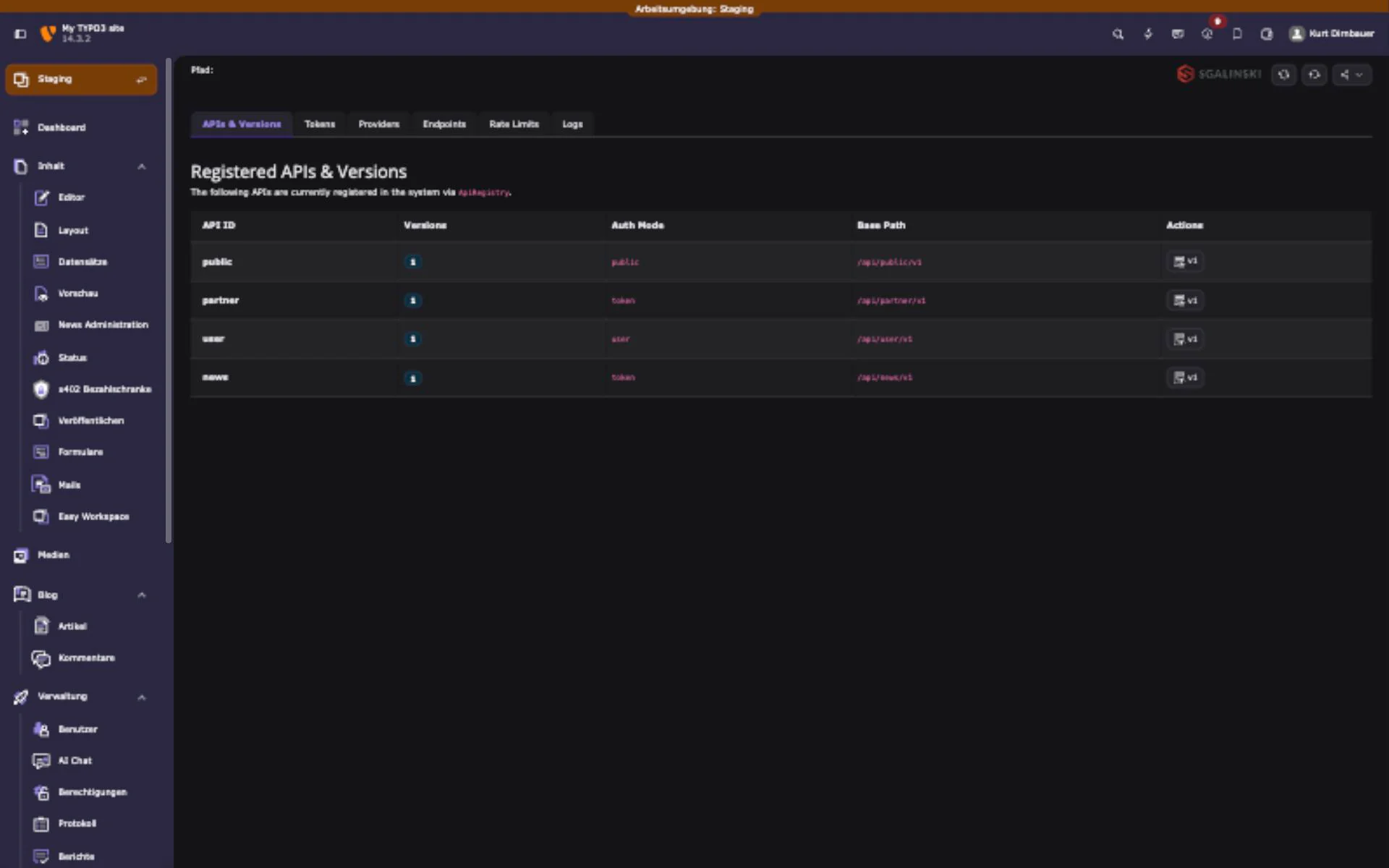 sg_apicore backend module with APIs, tokens, providers, endpoints, rate limits, and logs