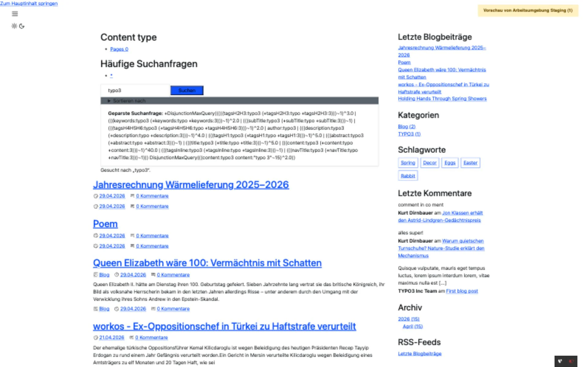 Solr search results frontend with query parsing, search results, facets, and sidebar metadata