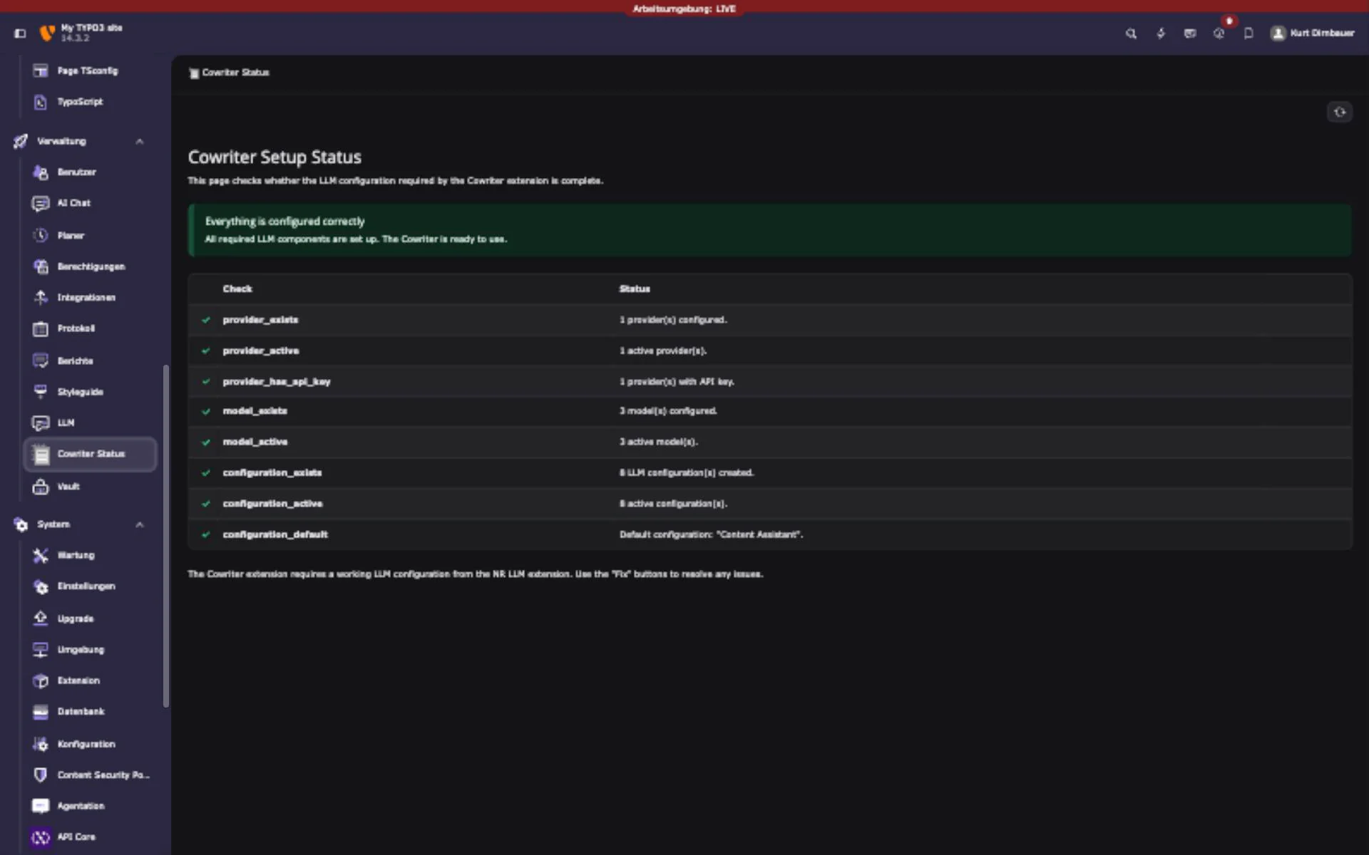 Cowriter setup status in the TYPO3 backend
