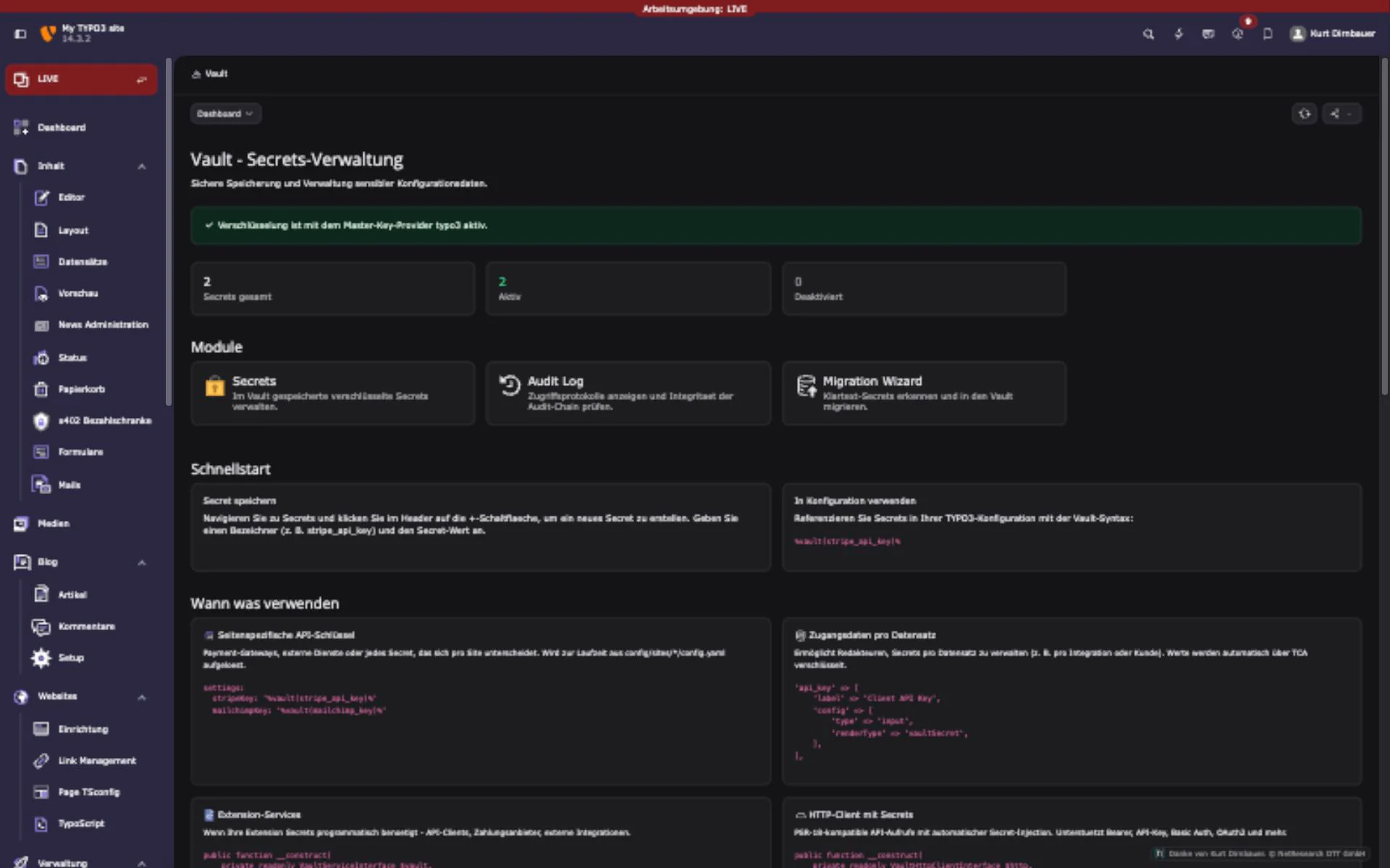 nr_vault secrets dashboard in the TYPO3 backend