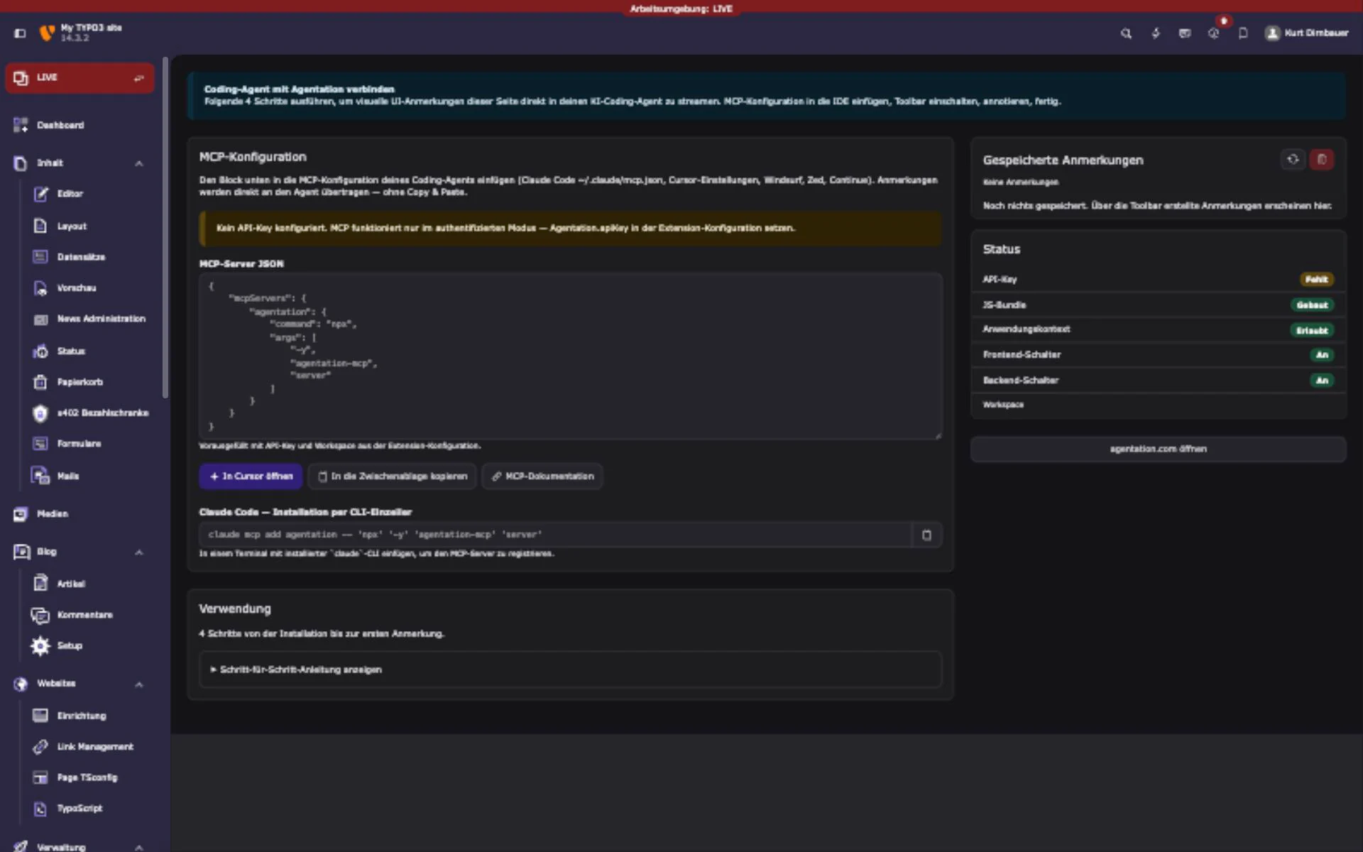 Agentation MCP configuration in the TYPO3 backend