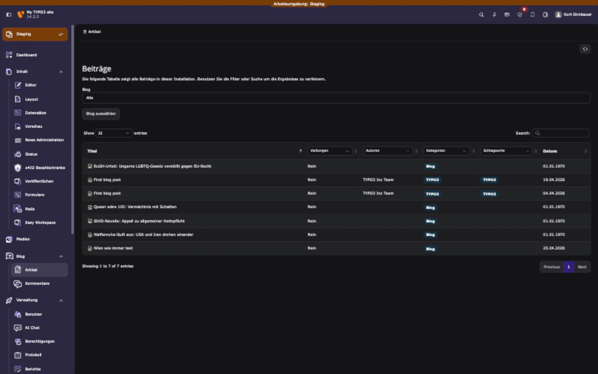 TYPO3 blog backend module showing blog post records