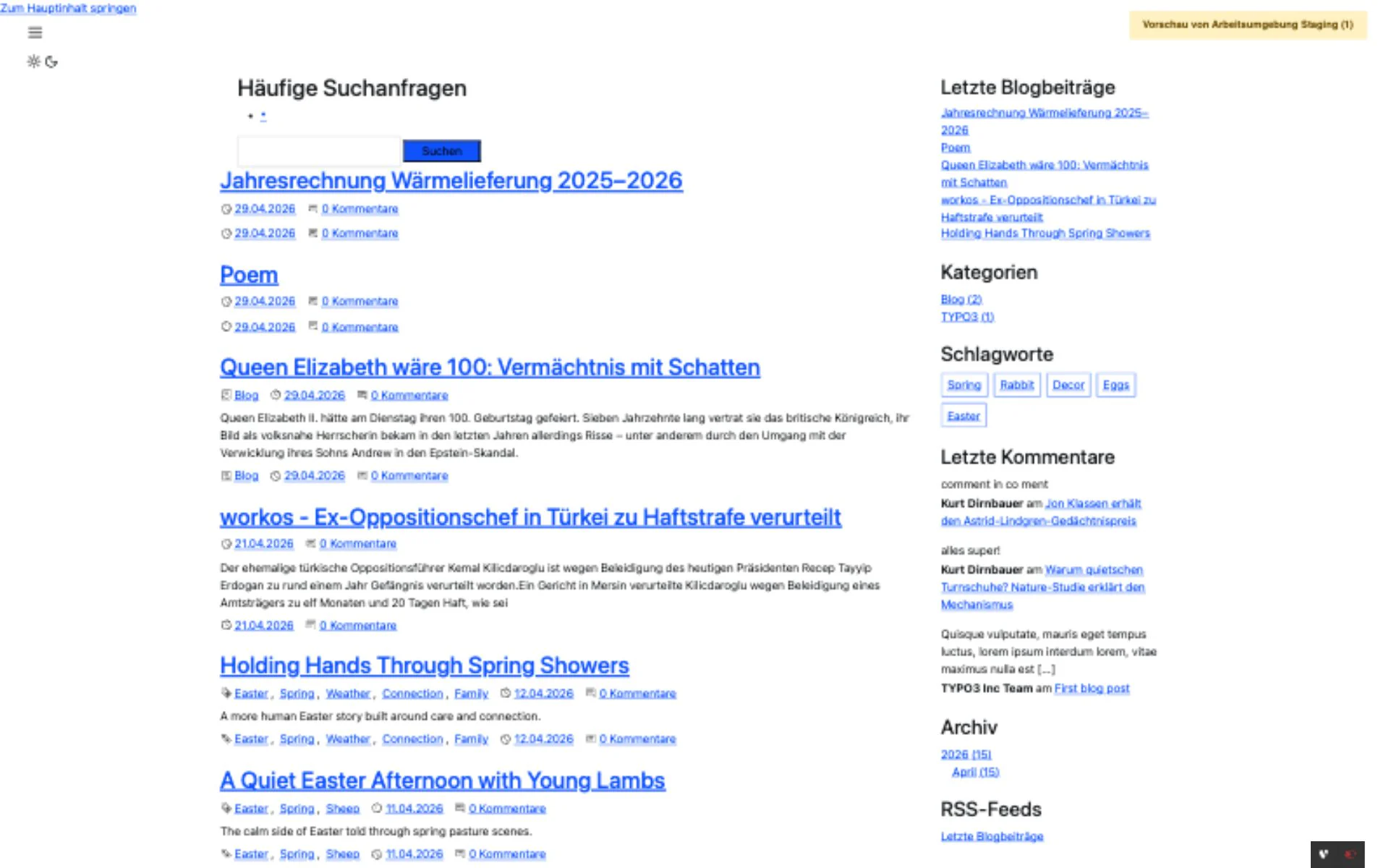 TYPO3 blog frontend with search, categories, tags, comments, and recent posts