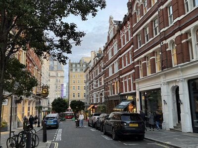 London street with red brick Victorian buildings on both sides, mature green trees with full canopy, parked cars, pedestrians walking, British architecture