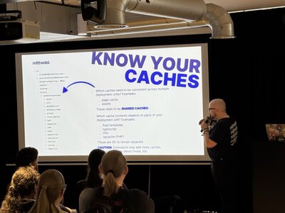 TYPO3 conference presentation slide KNOW YOUR CACHES, shared caches versus separate caches content, page cache and assets configuration, mittwald branding, presenter visible