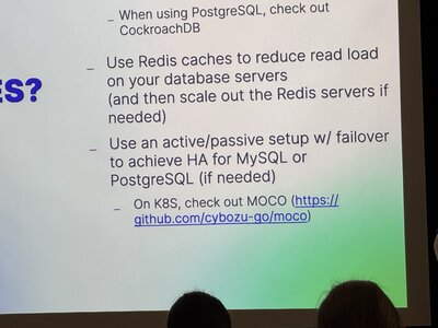 TYPO3 conference presentation slide showing database performance optimization, PostgreSQL CockroachDB recommendations, Redis caching implementation, active passive failover, MOCO Kubernetes operator, high availability systems