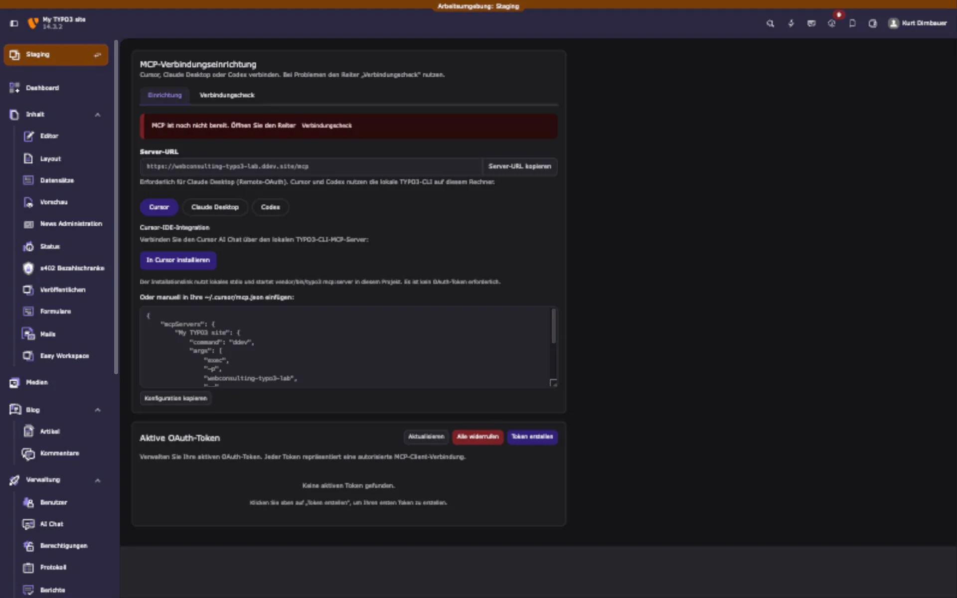 TYPO3 MCP Server backend module with client setup and OAuth token management