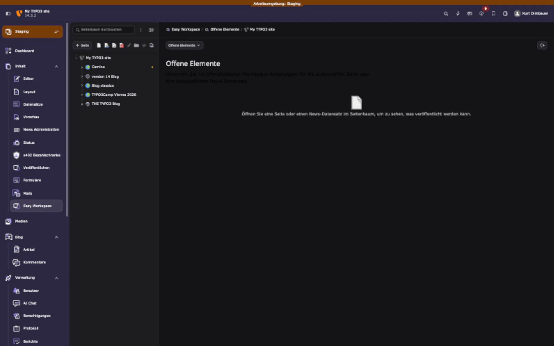 Easy Workspace backend module showing pending workspace elements
