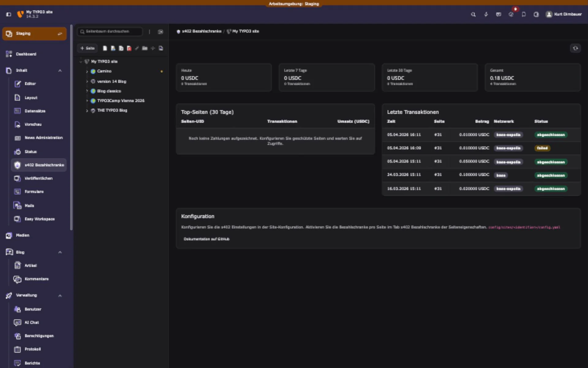 x402 paywall dashboard in the TYPO3 backend with payment totals and recent transactions